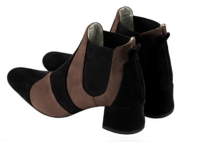 Matt black and chocolate brown women's ankle boots, with elastics. Round toe. Low flare heels. Rear view - Florence KOOIJMAN